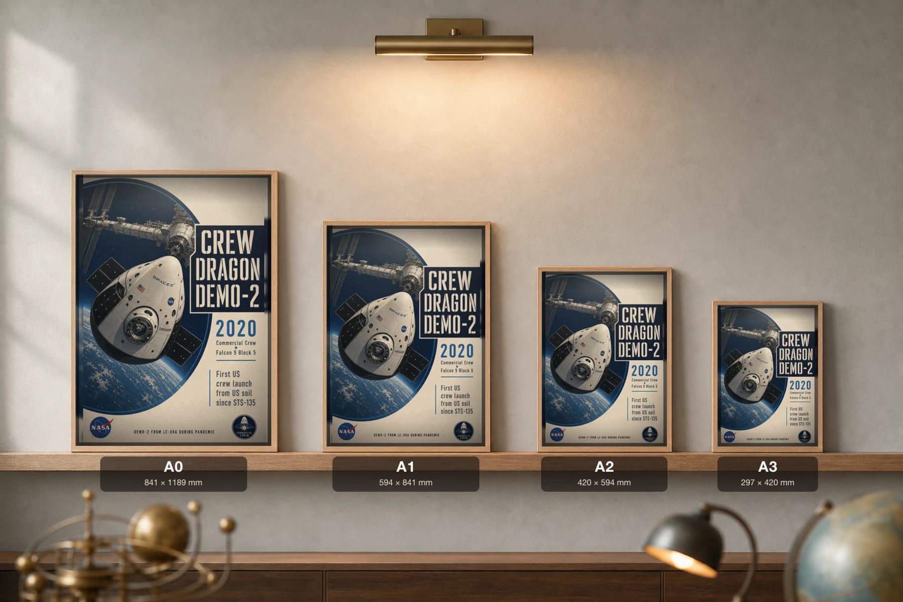 Crew Dragon Demo-2 Poster — 2020 Commercial Crew Endeavour NASA Heritage Collector Print — print size guide showing the artwork at A0, A1, A2 and A3 in natural-oak frames at true relative scale