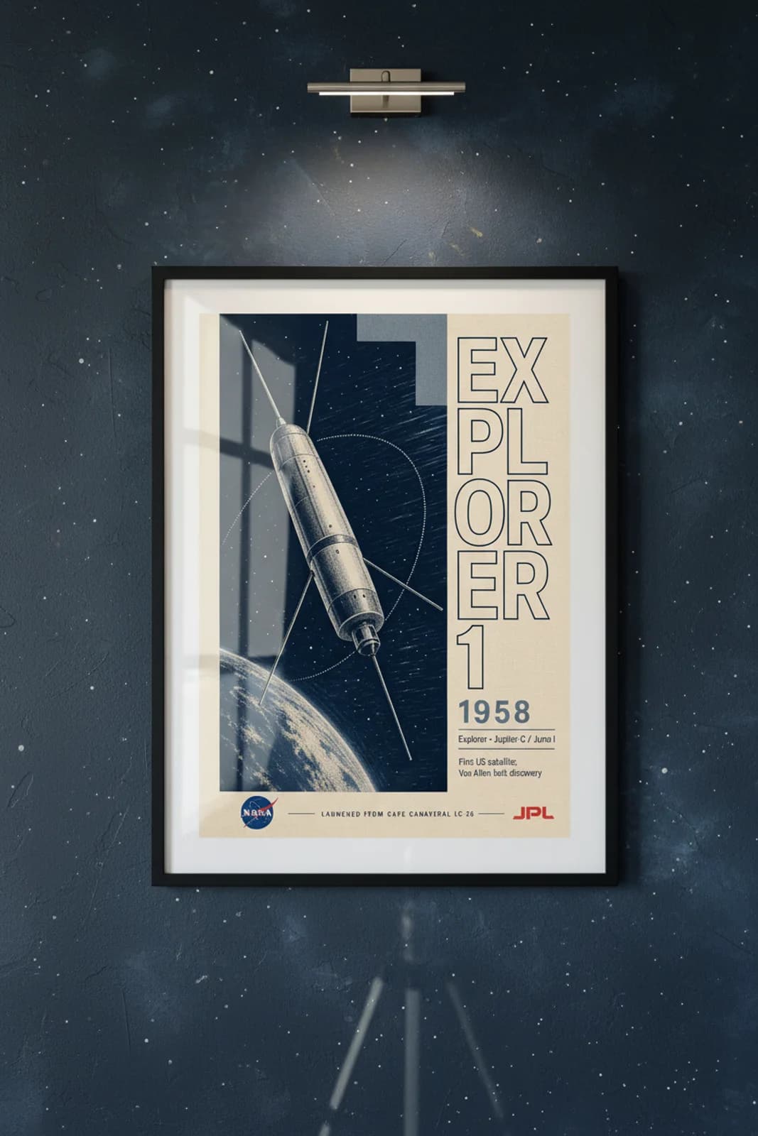 Explorer 1 — NASA Heritage Collector poster in black A2 frame on deep-navy-space deep space navy wall — NASA Heritage collector study mockup
