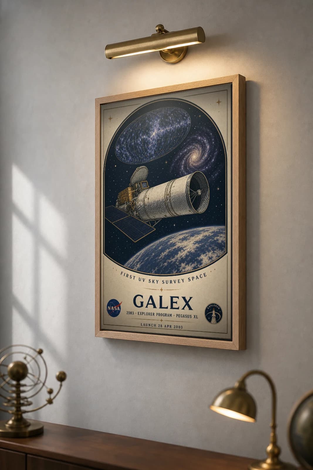 GALEX Poster — 2003 Ultraviolet All-Sky Survey NASA Heritage Collector Print — the framed print shown at a three-quarter angle on a styled gallery wall in a natural-oak frame