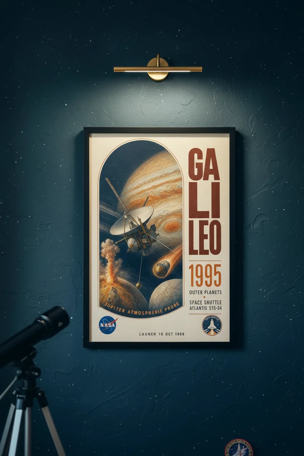 Galileo — NASA Heritage Collector poster in black A2 frame on dark-brown-galileo-type deep space navy wall — NASA Heritage collector study mockup
