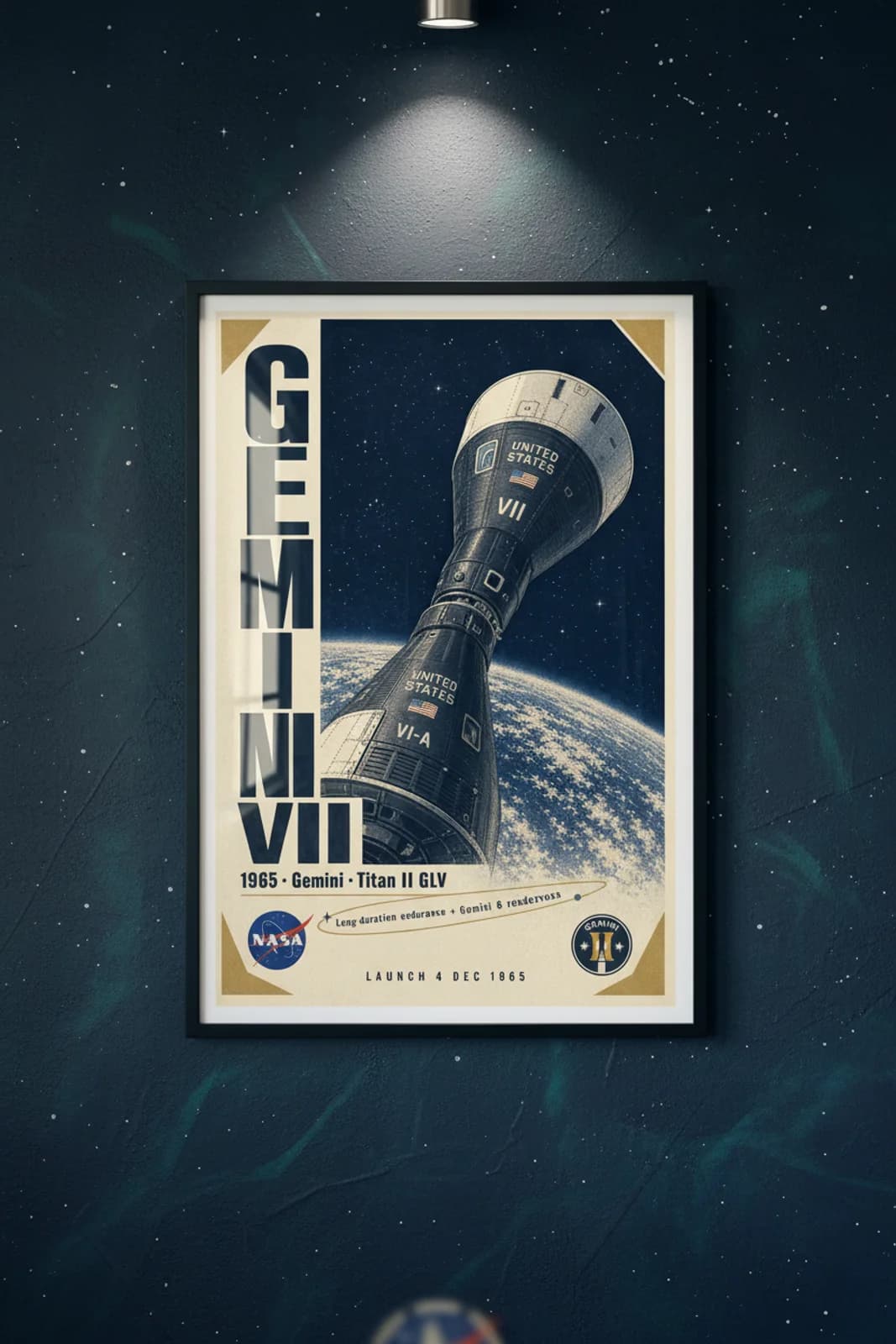 Gemini 7 poster in black A2 frame on deep-navy-star-field deep space navy wall — NASA Heritage collector study mockup