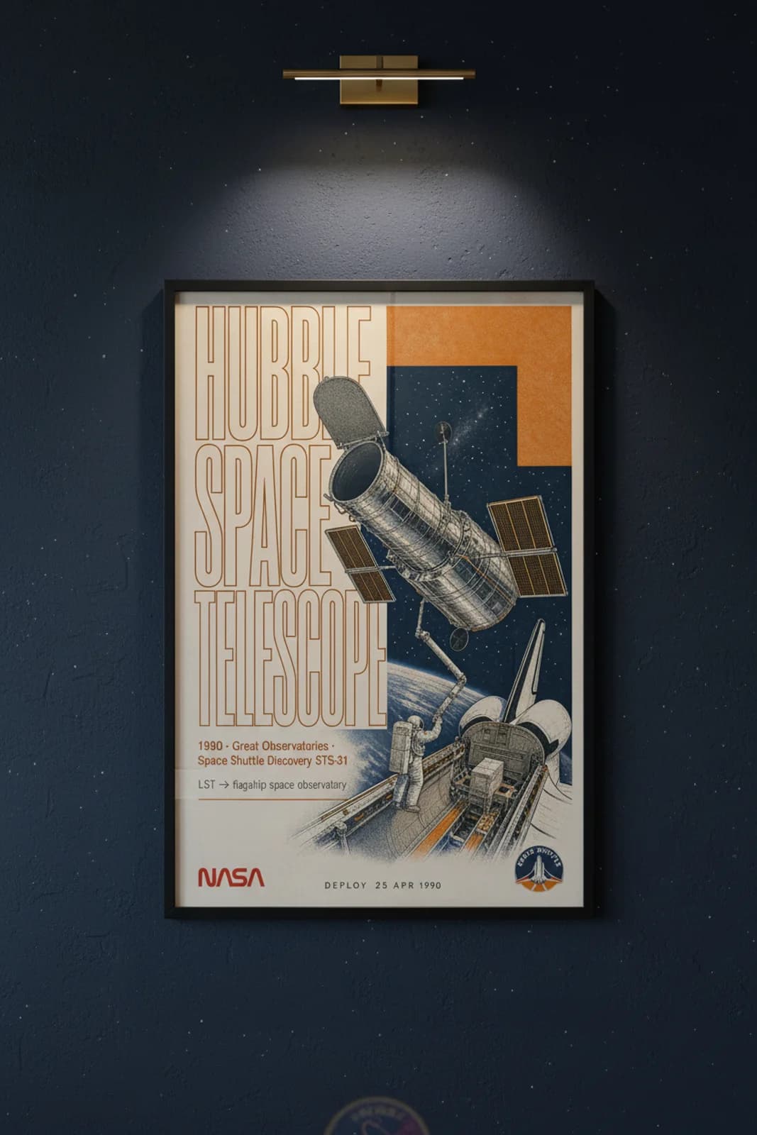 Hubble Space Telescope — NASA Heritage Collector poster in black A2 frame on deep-navy-space deep space navy wall — NASA Heritage collector study mockup