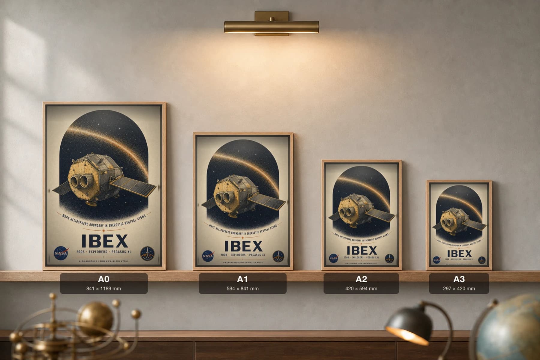 IBEX Poster — 2008 Pegasus XL NASA Heritage Collector Print — print size guide showing the artwork at A0, A1, A2 and A3 in natural-oak frames at true relative scale
