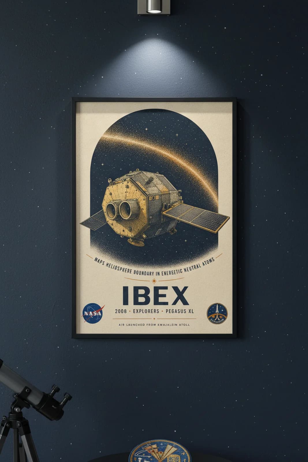 IBEX poster in black A2 frame on deep-navy-interstellar deep space navy wall — NASA Heritage collector study mockup
