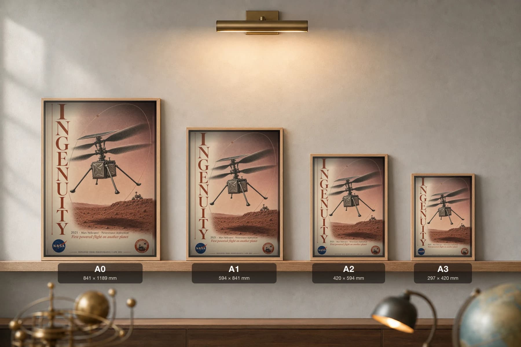 Ingenuity Poster — 2021 Mars Helicopter First Flight NASA Heritage Collector Print — print size guide showing the artwork at A0, A1, A2 and A3 in natural-oak frames at true relative scale