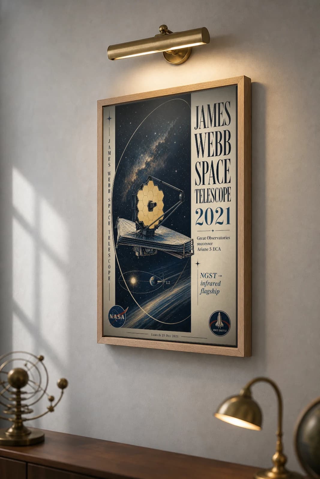 James Webb Space Telescope Poster — 2021 L2 Infrared Flagship NASA Heritage Collector Print — the framed print shown at a three-quarter angle on a styled gallery wall in a natural-oak frame