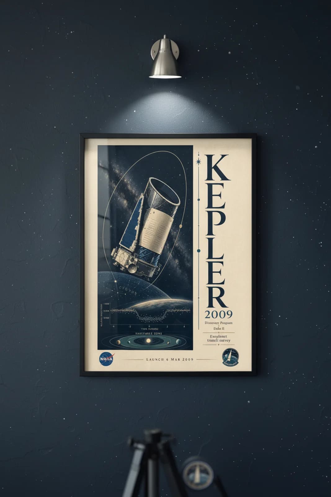 Kepler — NASA Heritage Collector poster in black A2 frame on navy-kepler-type deep space navy wall — NASA Heritage collector study mockup