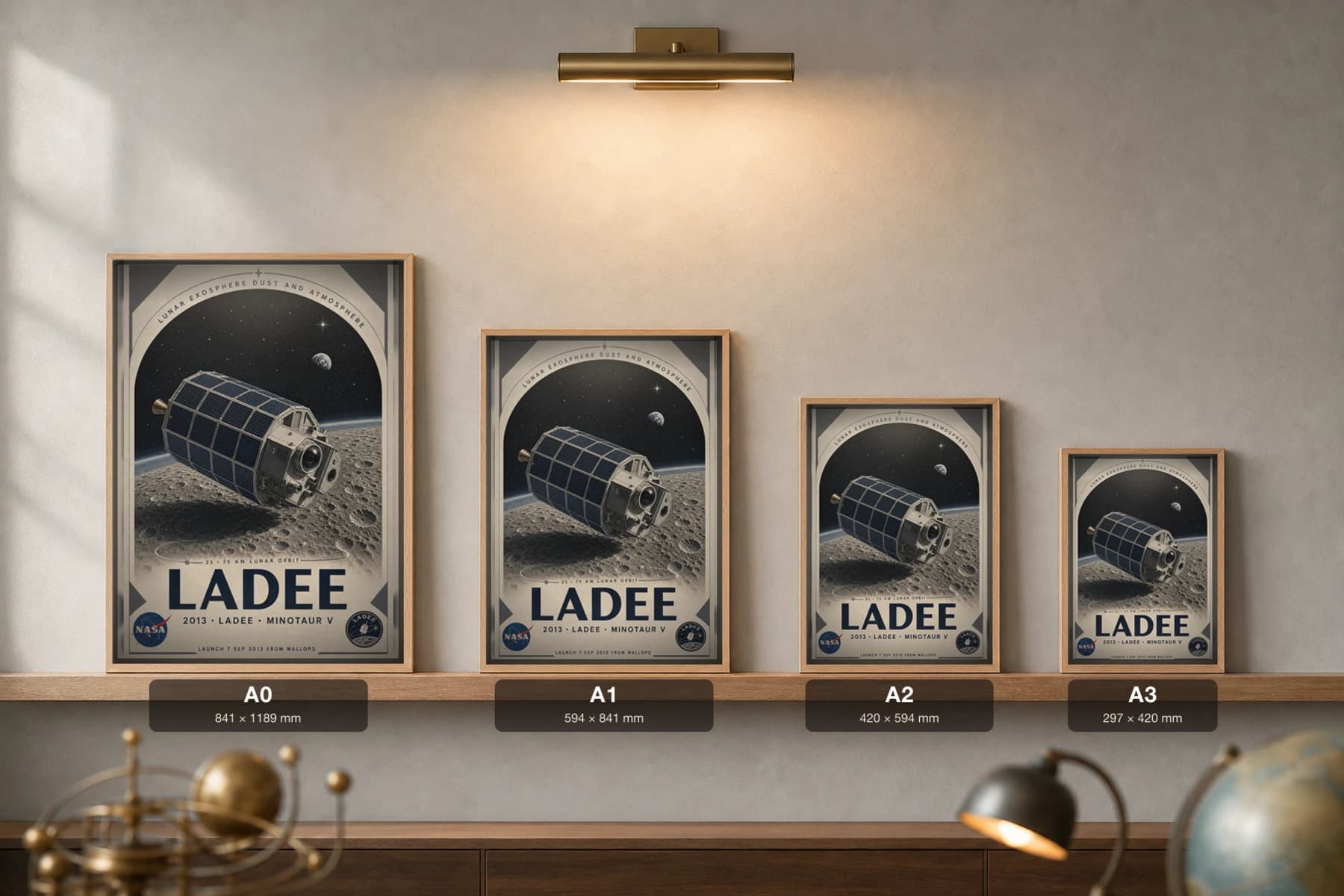 LADEE Poster — 2013 Lunar Exosphere Explorer NASA Heritage Collector Print — print size guide showing the artwork at A0, A1, A2 and A3 in natural-oak frames at true relative scale