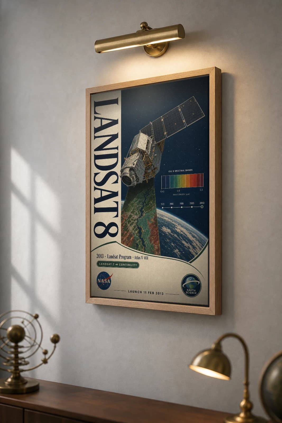 Landsat 8 Poster — 2013 Earth Observation Continuity NASA Heritage Collector Print — the framed print shown at a three-quarter angle on a styled gallery wall in a natural-oak frame