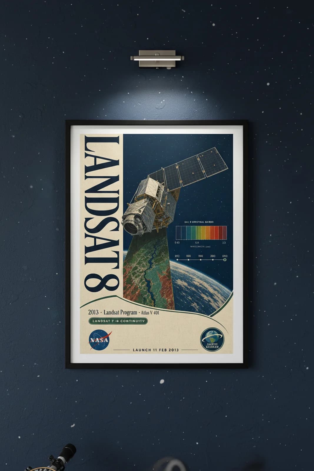 LANDSAT 8 poster in black A2 frame on navy-vertical-title deep space navy wall — NASA Heritage collector study mockup