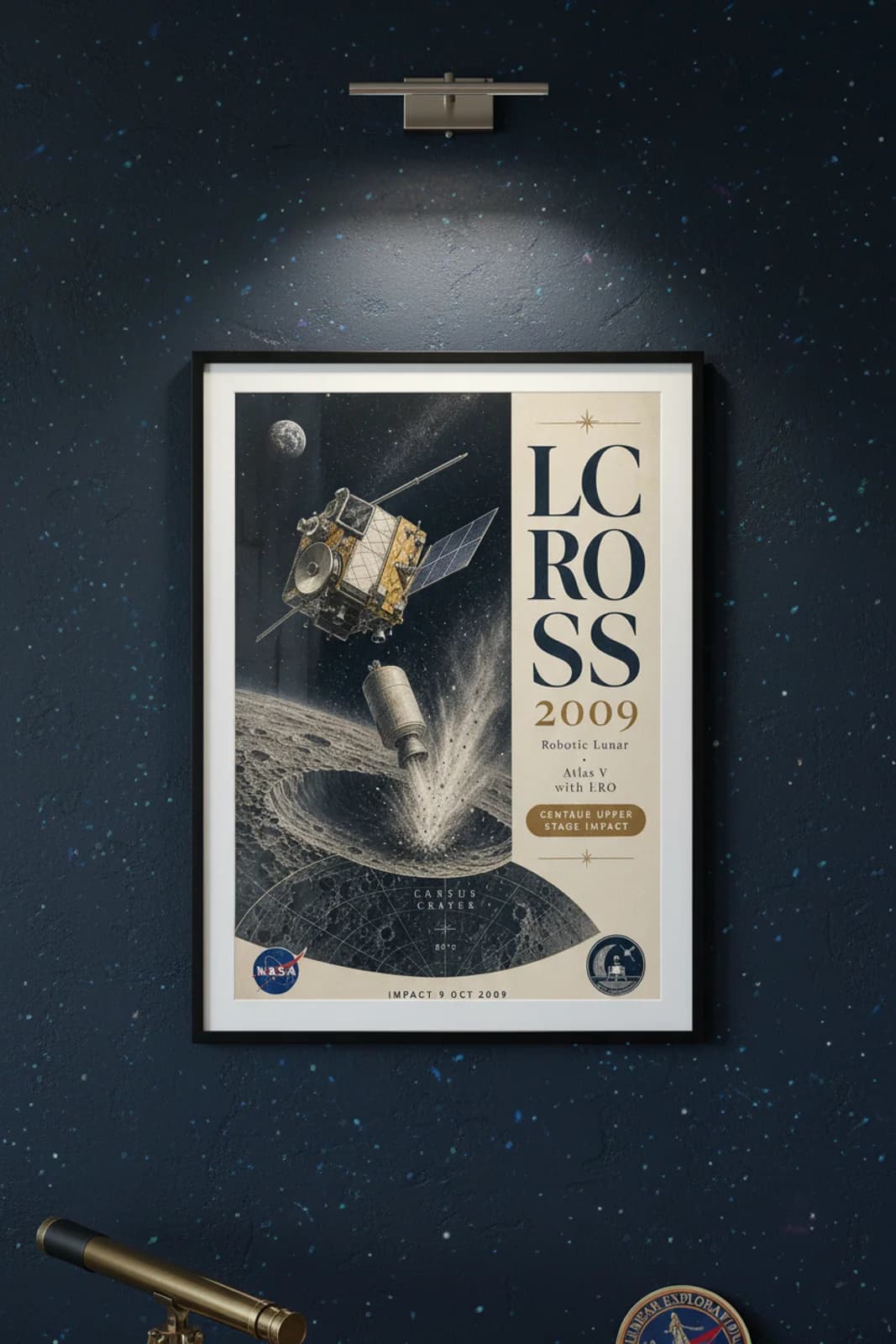 LCROSS poster in black A2 frame on deep-navy-star-field deep space navy wall — NASA Heritage collector study mockup