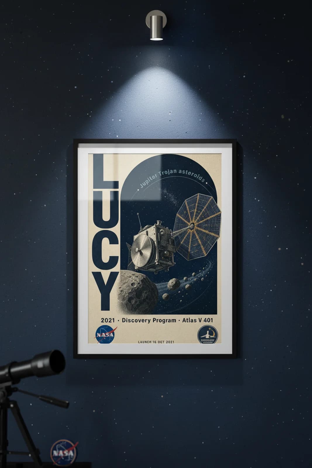 Lucy — NASA Heritage Collector poster in black A2 frame on navy-arched-window deep space navy wall — NASA Heritage collector study mockup