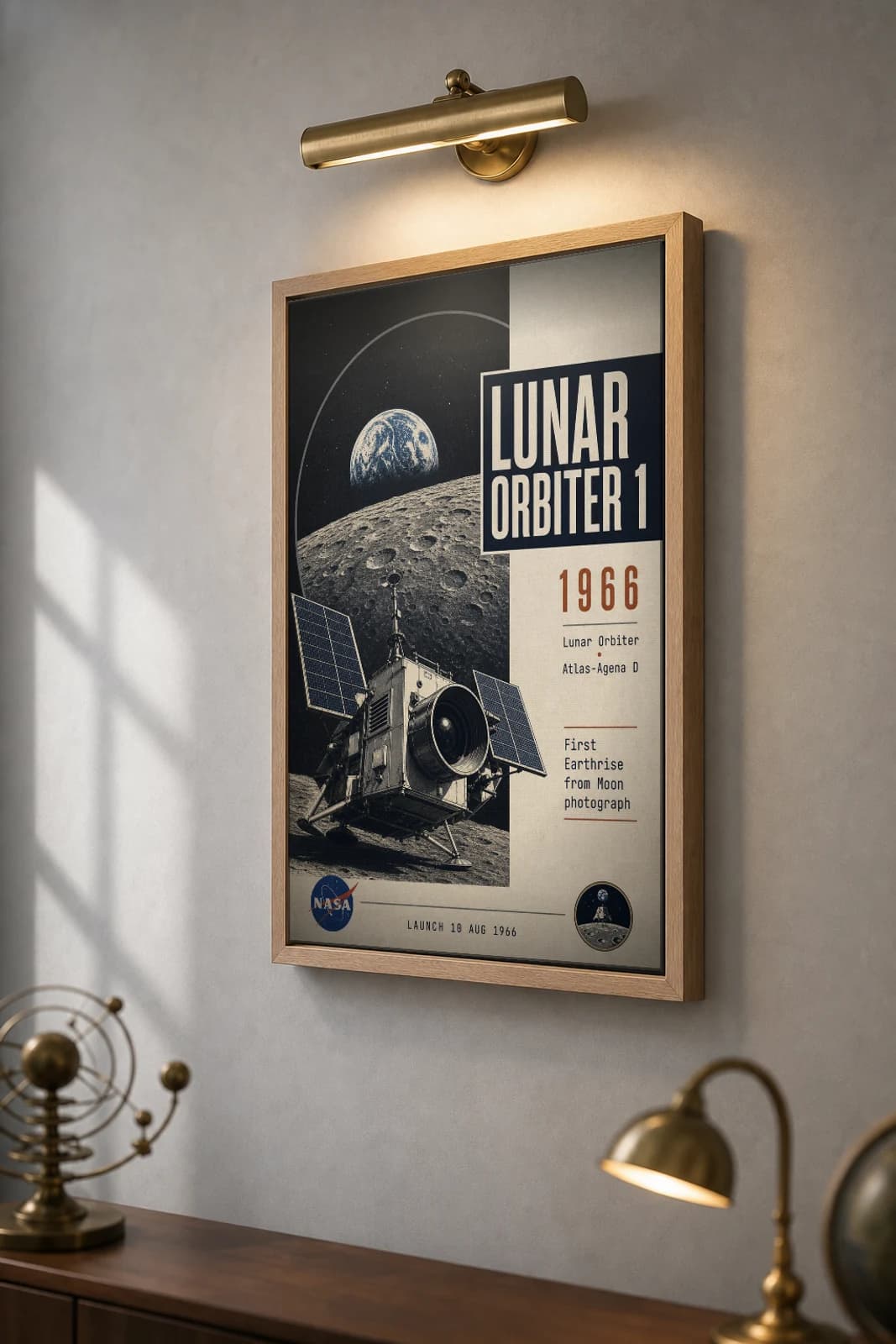 Lunar Orbiter 1 Poster — 1966 First Earthrise NASA Heritage Collector Print — the framed print shown at a three-quarter angle on a styled gallery wall in a natural-oak frame