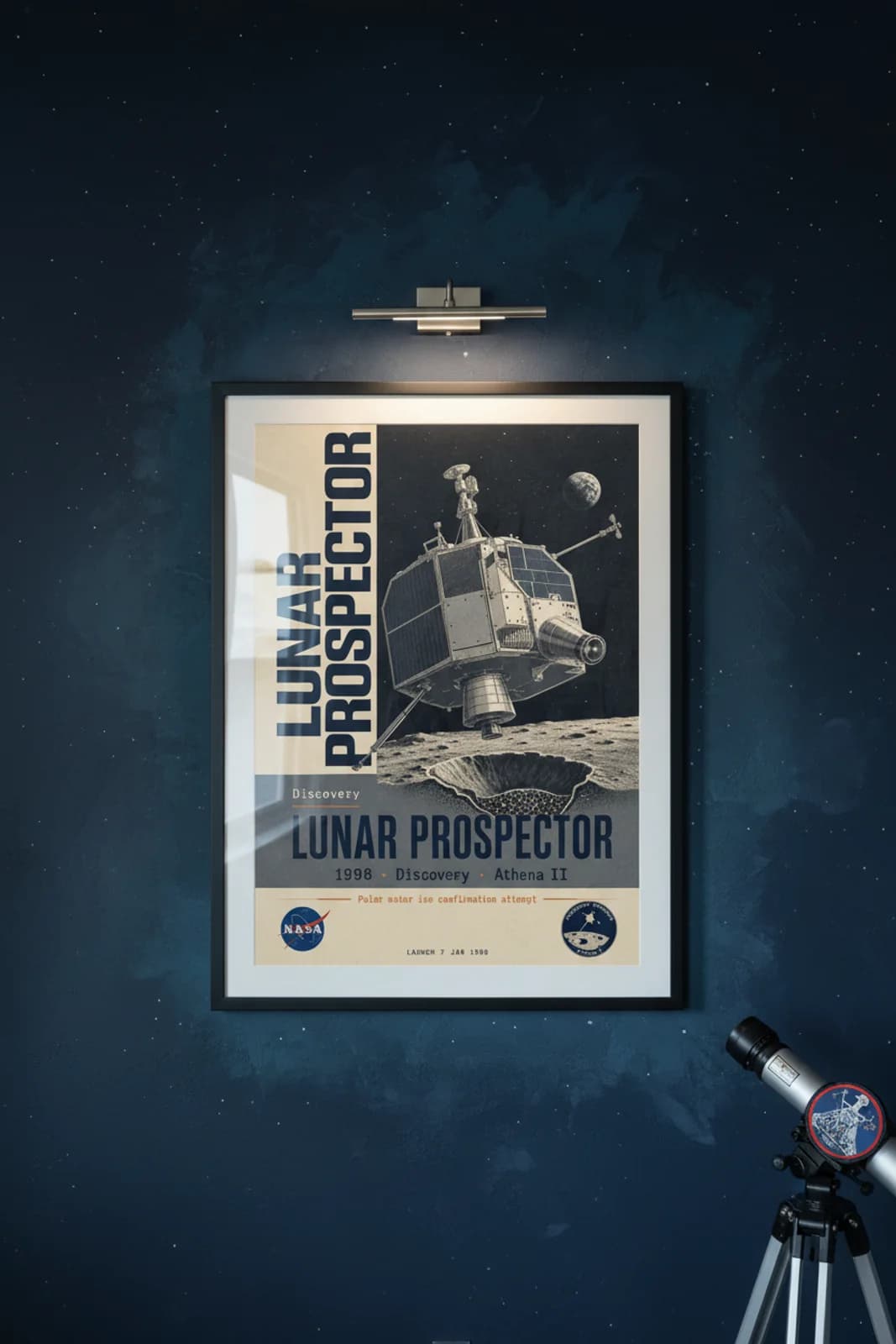 Lunar Prospector poster in black A2 frame on deep-navy-illustration-zone deep space navy wall — NASA Heritage collector study mockup