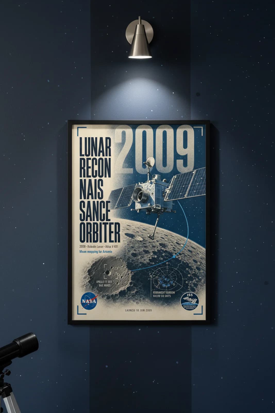 Lunar Reconnaissance Orbiter — NASA Heritage Collector poster in black A2 frame on navy-vertical-spine deep space navy wall — NASA Heritage collector study mockup
