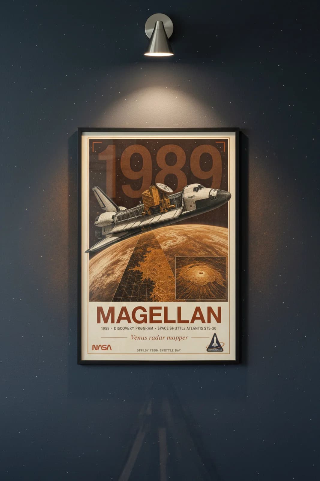 Magellan — NASA Heritage Collector poster in black A2 frame on burnt-orange-venus-atmosphere deep space navy wall — NASA Heritage collector study mockup