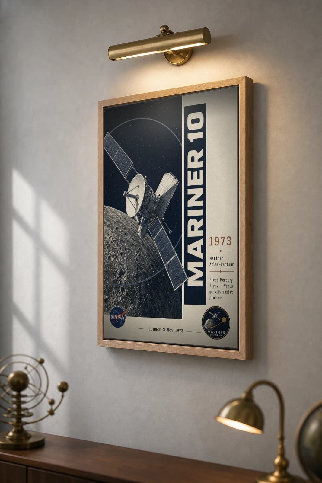 Mariner 10 Poster — 1973 Mercury Flyby Gravity Assist NASA Heritage Collector Print — the framed print shown at a three-quarter angle on a styled gallery wall in a natural-oak frame