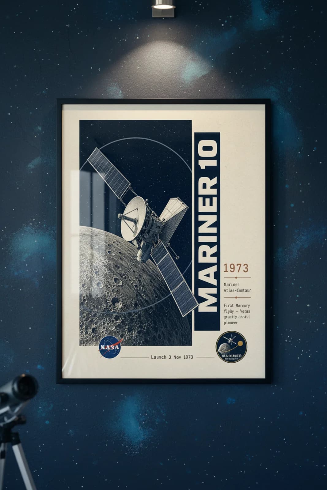 Mariner 10 poster in black A2 frame on deep-navy-star-field deep space navy wall — NASA Heritage collector study mockup