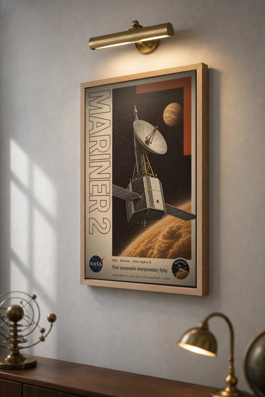 Mariner 2 Poster — 1962 First Interplanetary Venus Flyby NASA Heritage Collector Print — the framed print shown at a three-quarter angle on a styled gallery wall in a natural-oak frame