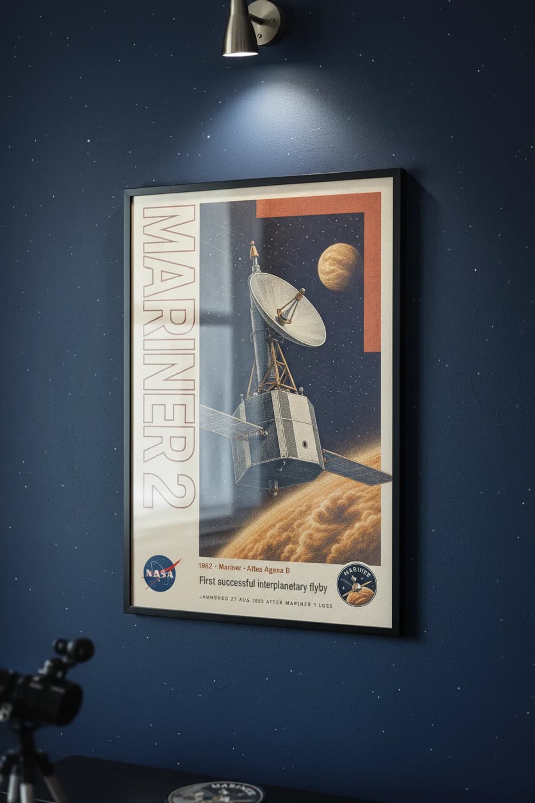 Mariner 2 poster in black A2 frame on venus-ochre-orange deep space navy wall — NASA Heritage collector study mockup