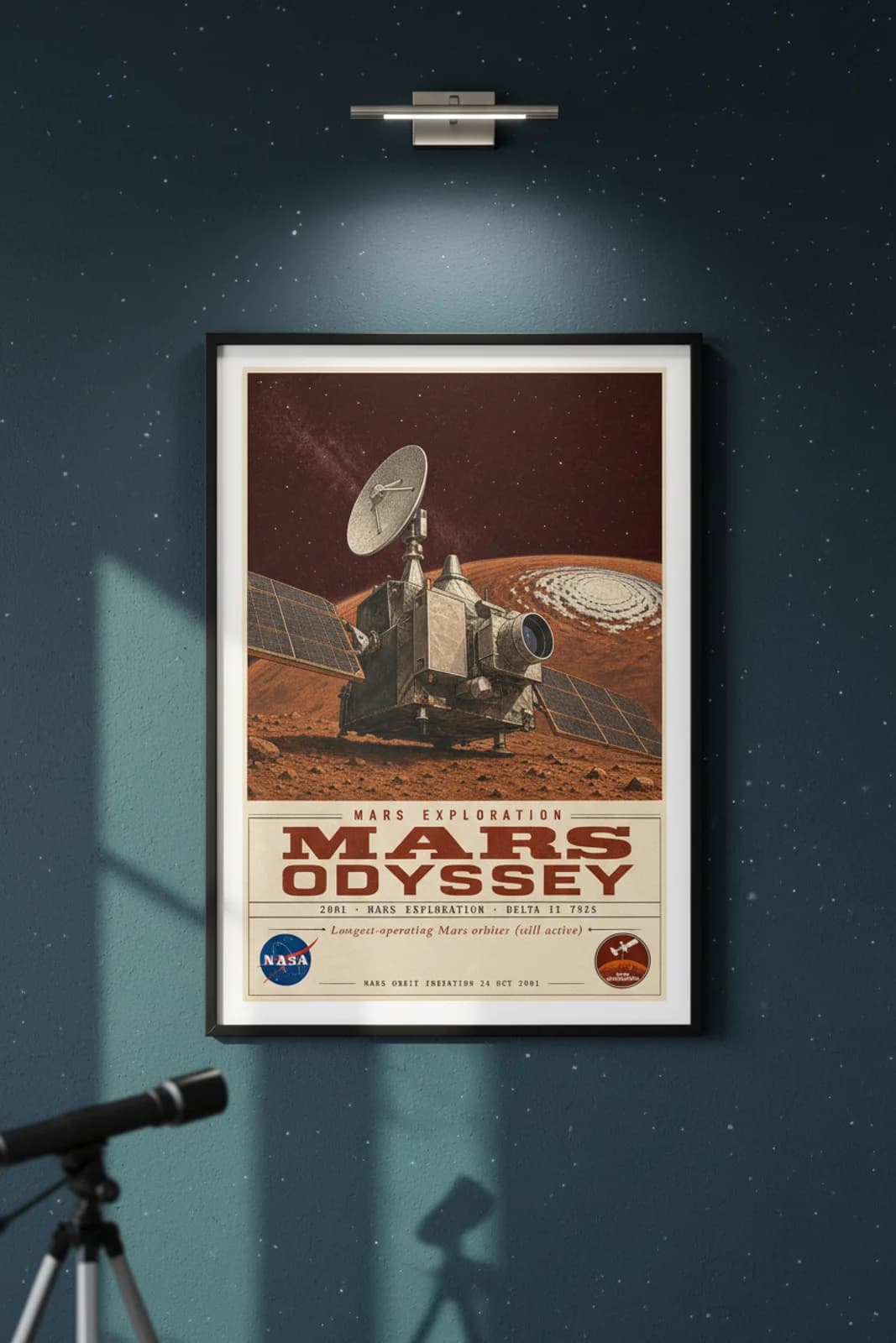 Mars Odyssey poster in black A2 frame on dark-red-display-title deep space navy wall — NASA Heritage collector study mockup