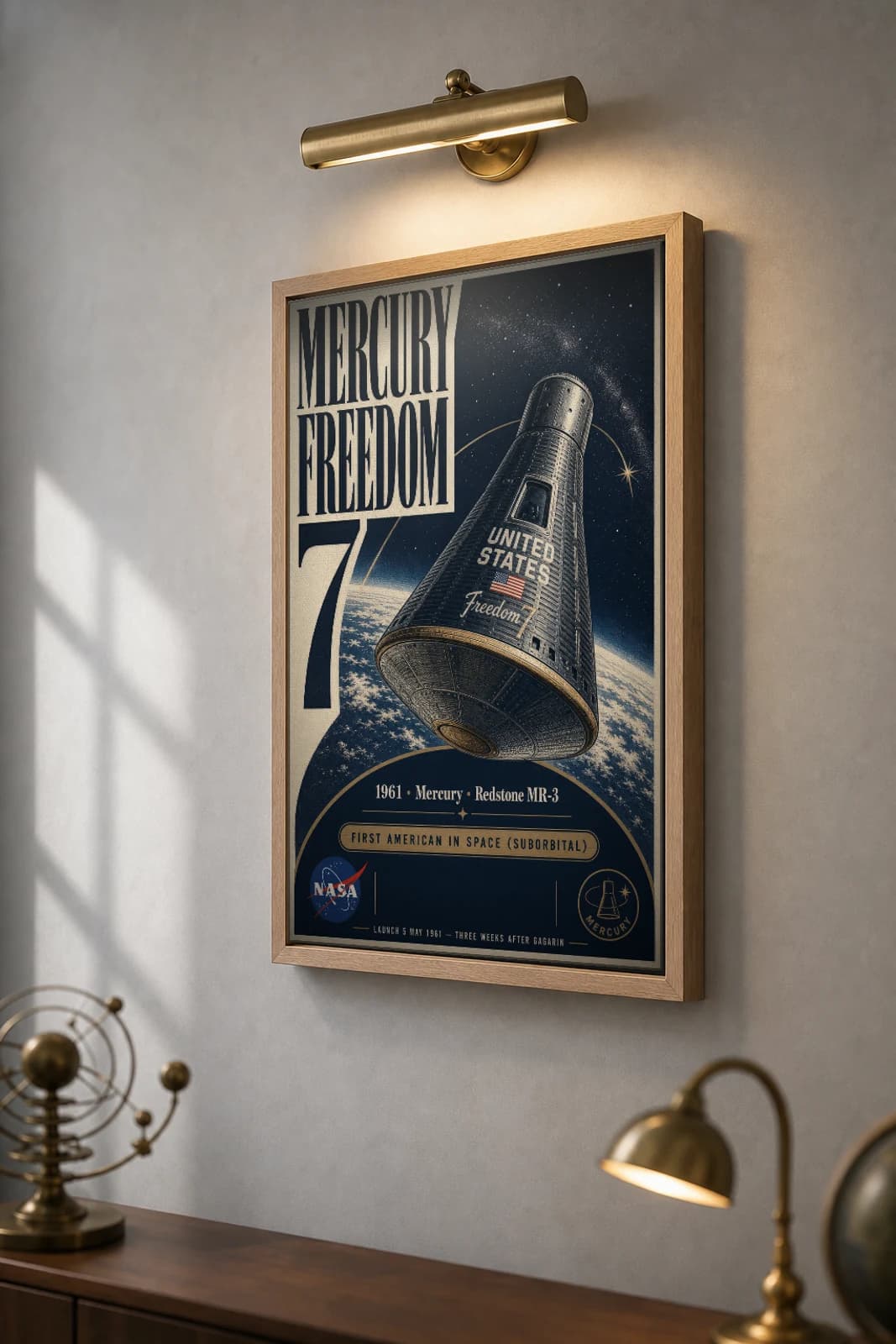Mercury Freedom 7 Poster — 1961 Alan Shepard Suborbital NASA Heritage Collector Print — the framed print shown at a three-quarter angle on a styled gallery wall in a natural-oak frame