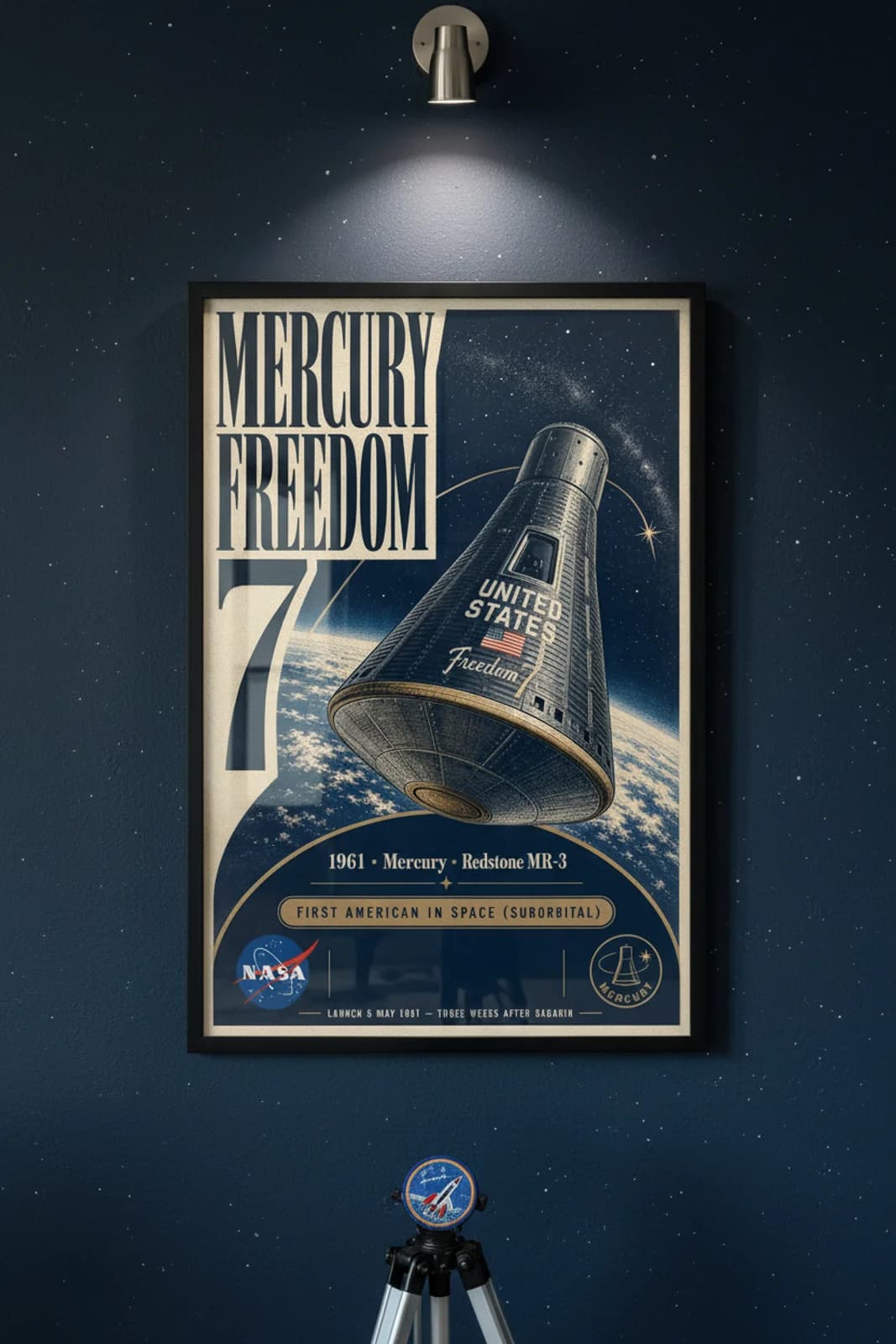 Mercury Freedom 7 poster in black A2 frame on deep-navy-milky-way deep space navy wall — NASA Heritage collector study mockup