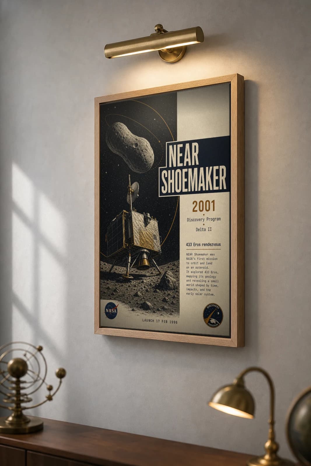 NEAR Shoemaker Poster — 2001 433 Eros Asteroid Landing NASA Heritage Collector Print — the framed print shown at a three-quarter angle on a styled gallery wall in a natural-oak frame