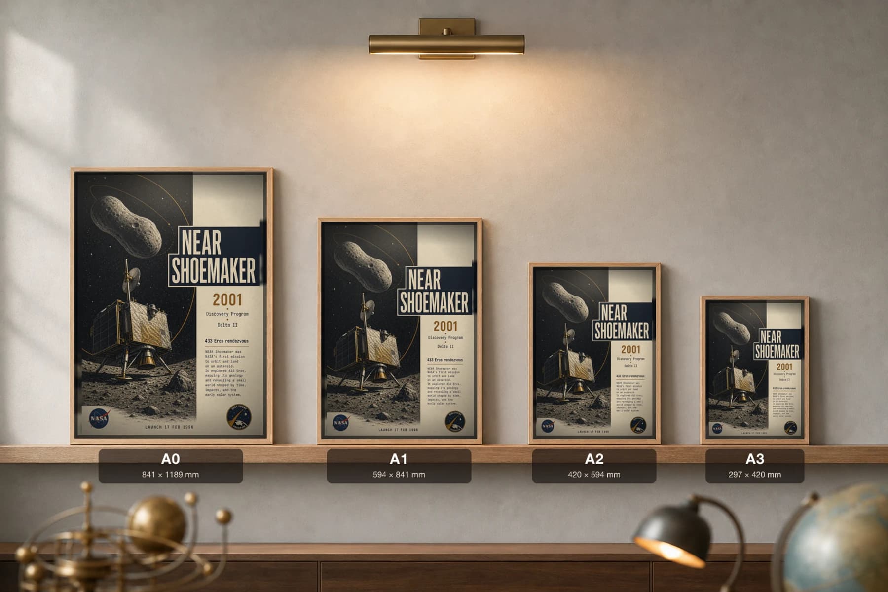 NEAR Shoemaker Poster — 2001 433 Eros Asteroid Landing NASA Heritage Collector Print — print size guide showing the artwork at A0, A1, A2 and A3 in natural-oak frames at true relative scale
