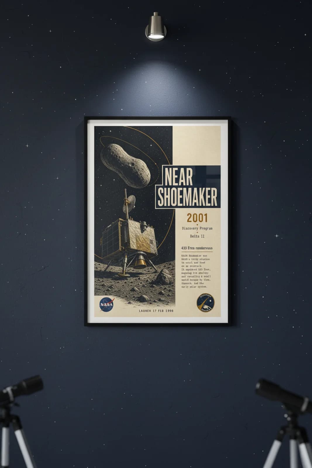 NEAR Shoemaker poster in black A2 frame on black-star-field deep space navy wall — NASA Heritage collector study mockup