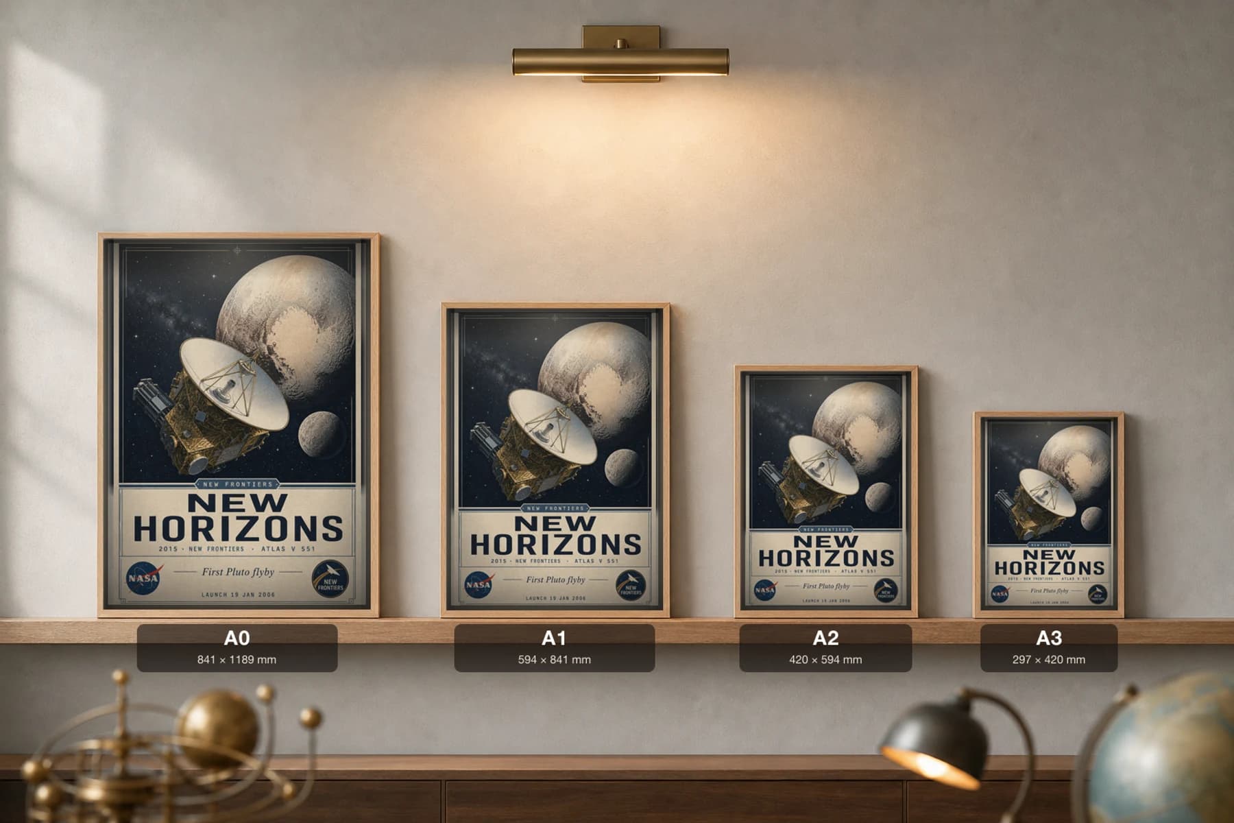 New Horizons Poster — 2015 Atlas V 551 NASA Heritage Collector Print — print size guide showing the artwork at A0, A1, A2 and A3 in natural-oak frames at true relative scale