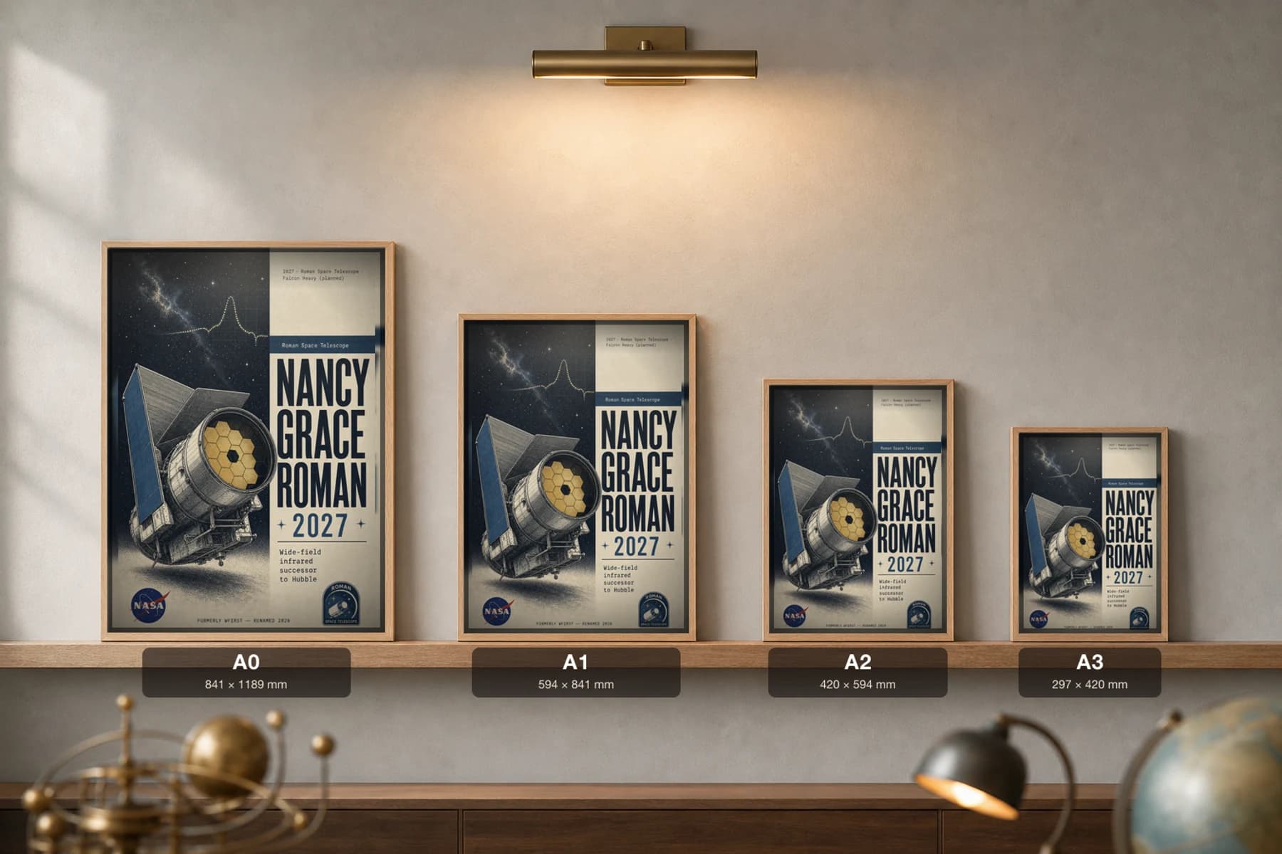 Nancy Grace Roman Poster — 2027 Wide-Field Infrared Telescope NASA Heritage Collector Print — print size guide showing the artwork at A0, A1, A2 and A3 in natural-oak frames at true relative scale