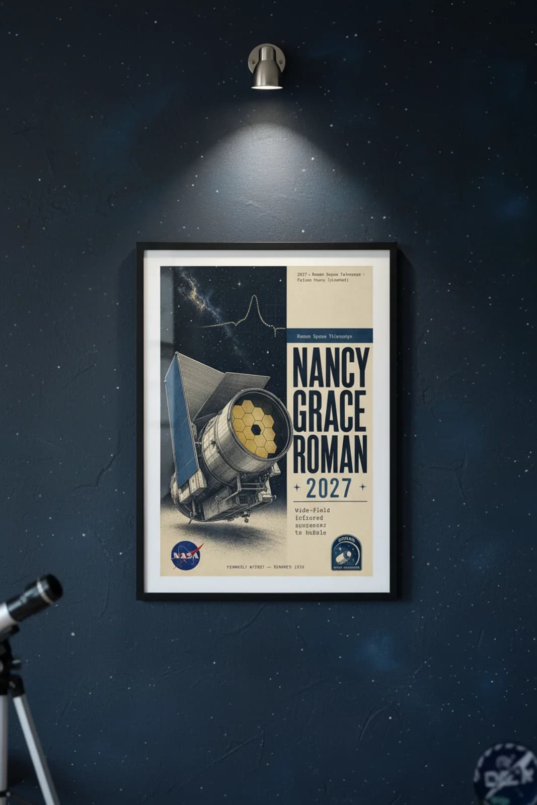 Nancy Grace Roman poster in black A2 frame on observatory-navy-deep deep space navy wall — NASA Heritage collector study mockup