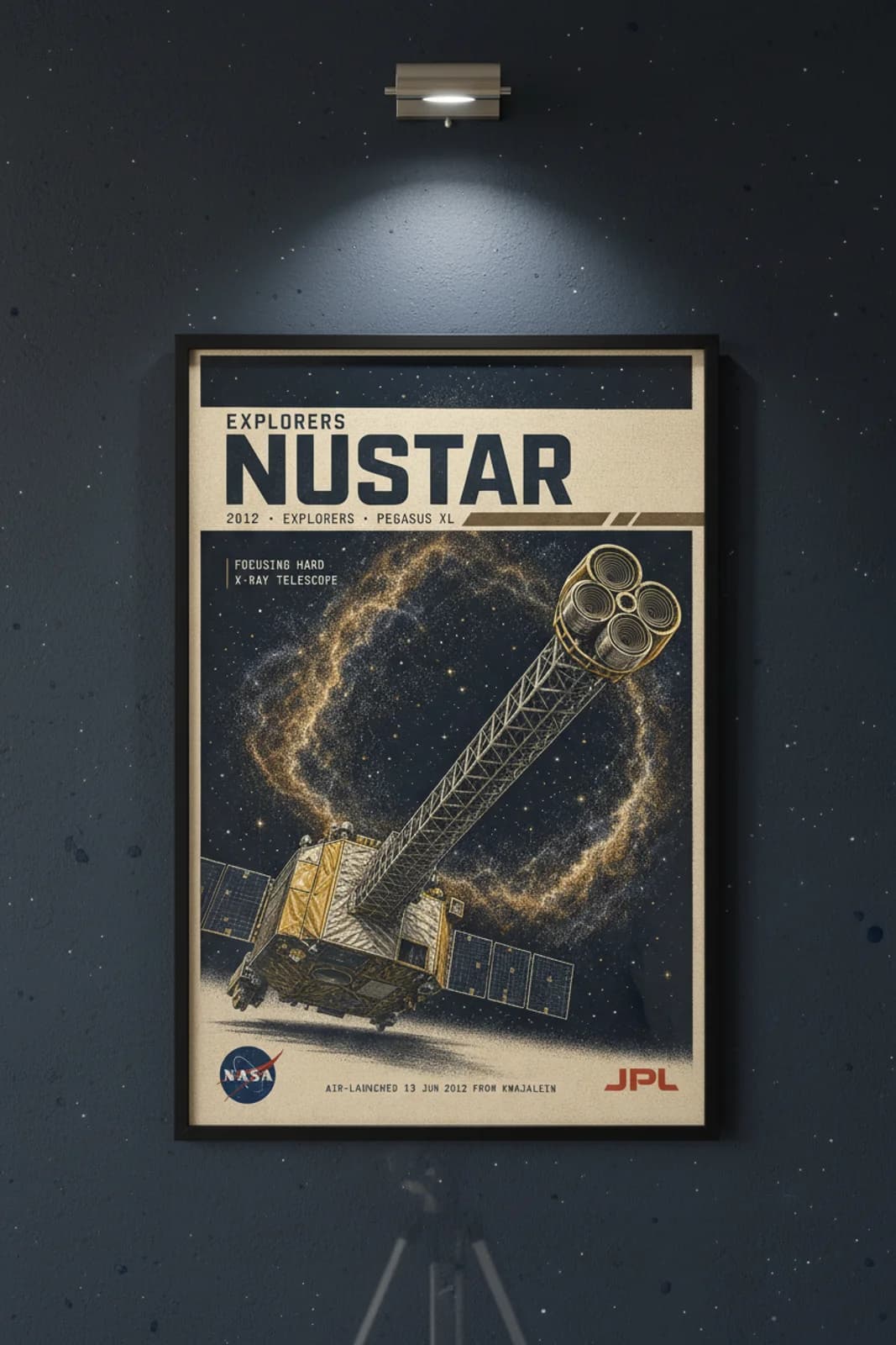 NuSTAR poster in black A2 frame on deep-navy-space deep space navy wall — NASA Heritage collector study mockup