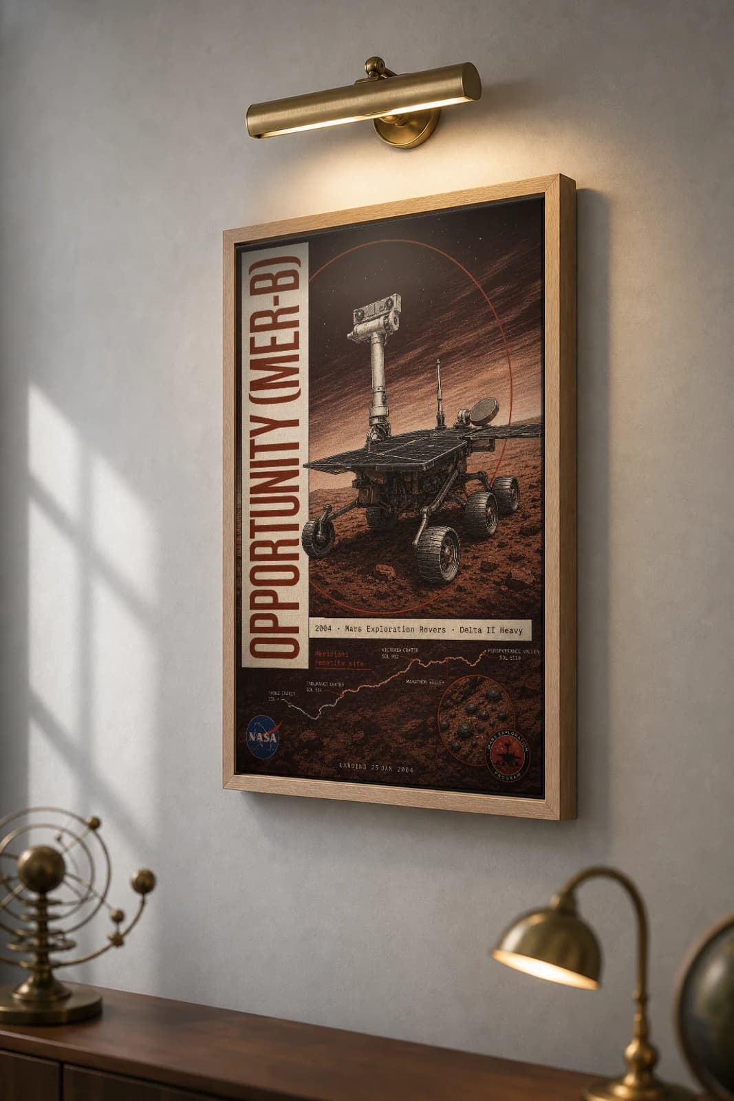 Opportunity MER-B Poster — 2004 Mars Exploration Rover NASA Heritage Collector Print — the framed print shown at a three-quarter angle on a styled gallery wall in a natural-oak frame