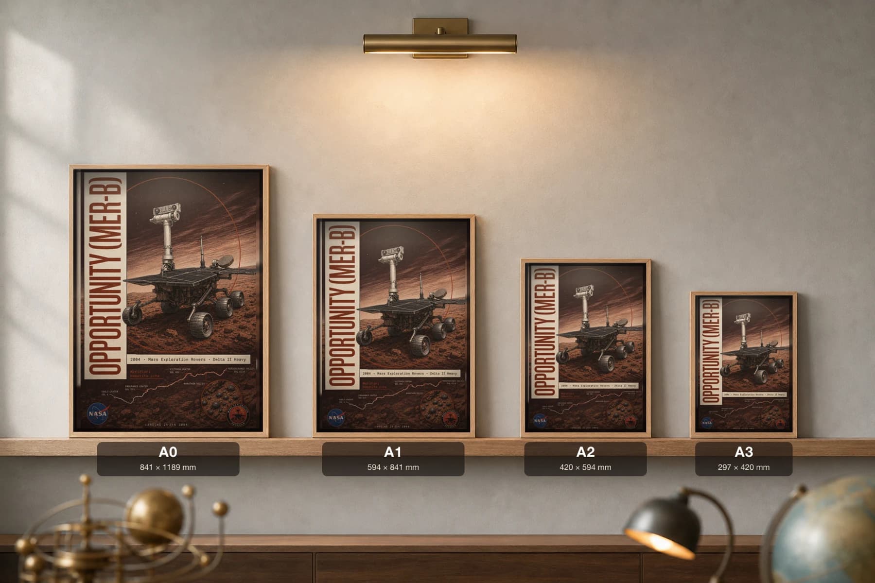 Opportunity MER-B Poster — 2004 Mars Exploration Rover NASA Heritage Collector Print — print size guide showing the artwork at A0, A1, A2 and A3 in natural-oak frames at true relative scale