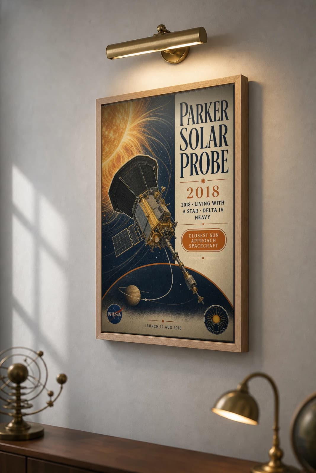 Parker Solar Probe Poster — 2018 Corona Sampling NASA Heritage Collector Print — the framed print shown at a three-quarter angle on a styled gallery wall in a natural-oak frame