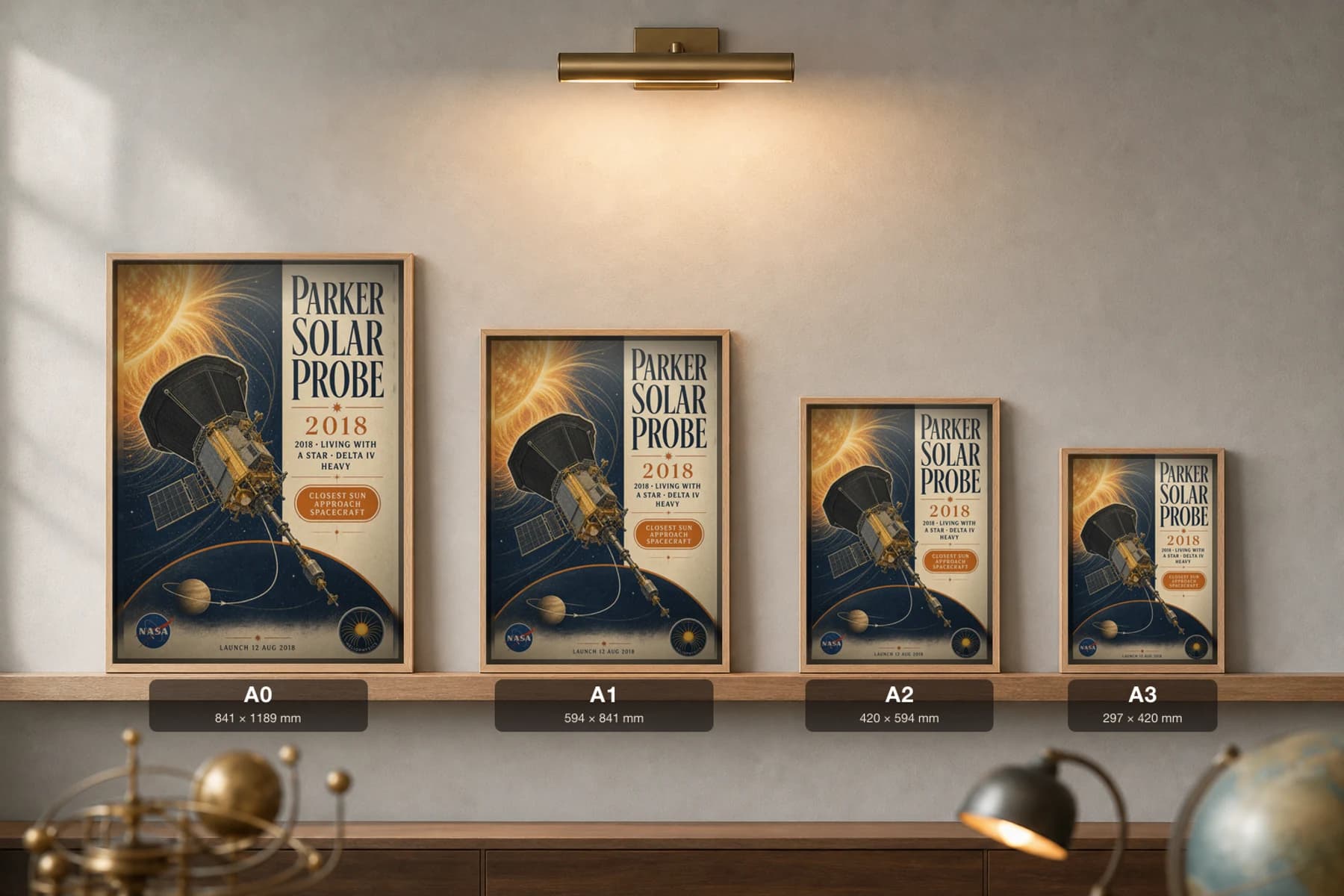 Parker Solar Probe Poster — 2018 Corona Sampling NASA Heritage Collector Print — print size guide showing the artwork at A0, A1, A2 and A3 in natural-oak frames at true relative scale