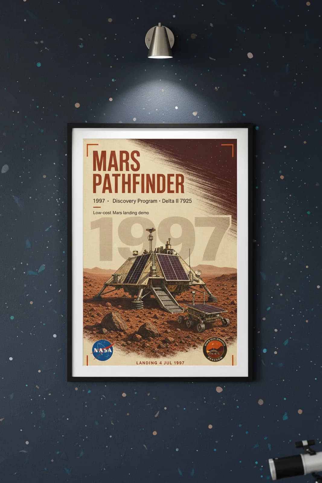 Mars Pathfinder — NASA Heritage Collector poster in black A2 frame on ochre-ares-vallis deep space navy wall — NASA Heritage collector study mockup