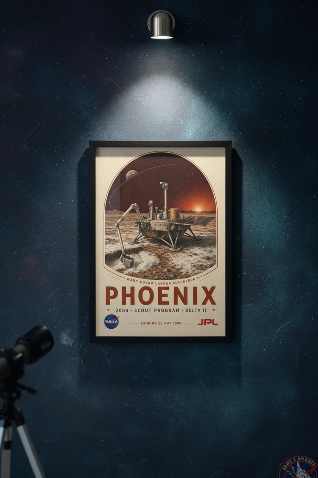 Phoenix — NASA Heritage Collector poster in black A2 frame on rust-red-phoenix-title deep space navy wall — NASA Heritage collector study mockup