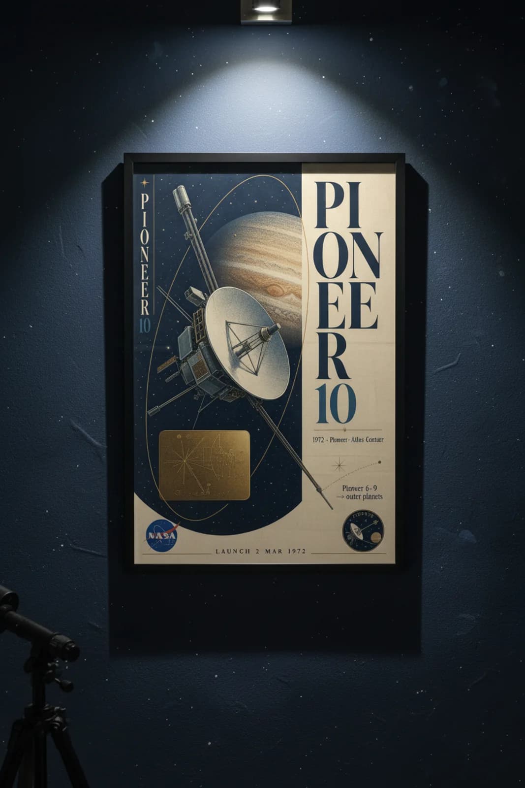 Pioneer 10 — NASA Heritage Collector poster in black A2 frame on deep-space-navy deep space navy wall — NASA Heritage collector study mockup