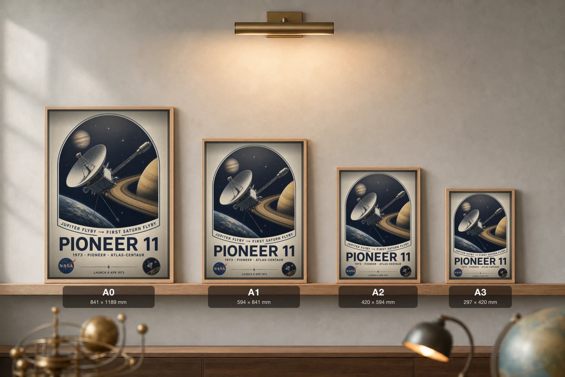Pioneer 11 Poster — 1973 First Saturn Flyby NASA Heritage Collector Print — print size guide showing the artwork at A0, A1, A2 and A3 in natural-oak frames at true relative scale
