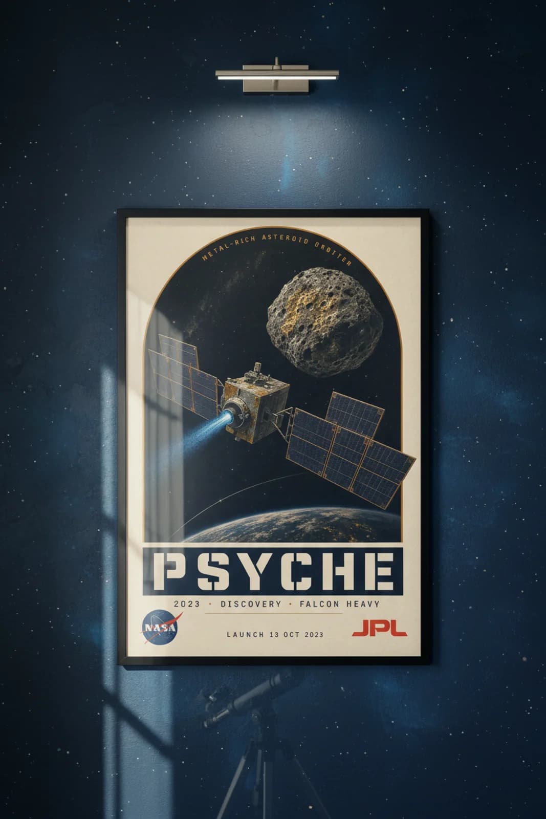 Psyche poster in black A2 frame on deep-space-navy deep space navy wall — NASA Heritage collector study mockup