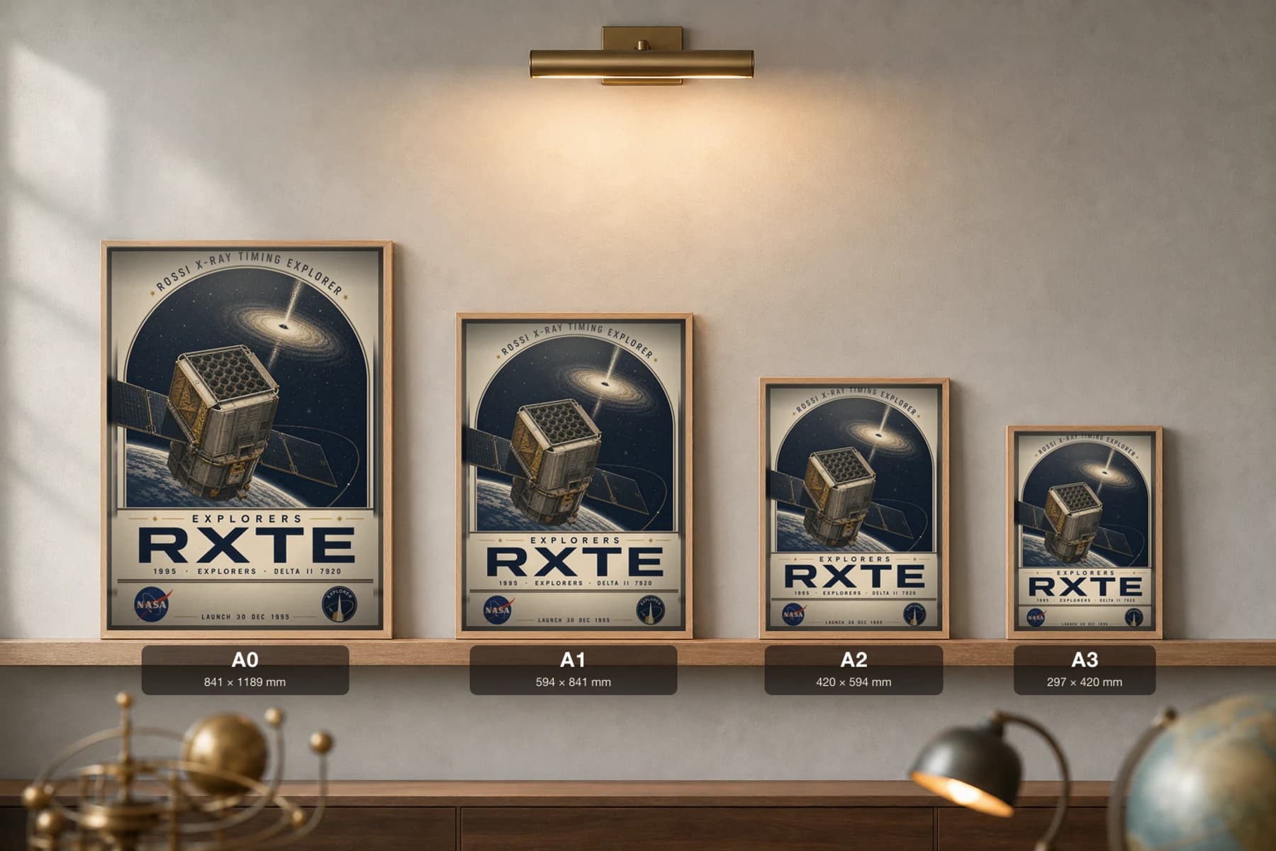 RXTE Poster — 1995 Delta II 7920 NASA Heritage Collector Print — print size guide showing the artwork at A0, A1, A2 and A3 in natural-oak frames at true relative scale