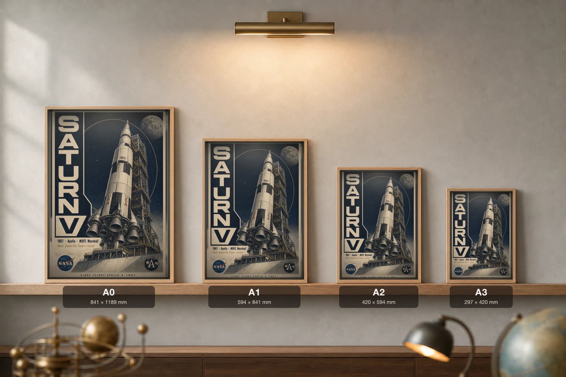 Saturn V Poster — 1967 Apollo Moon Rocket NASA Heritage Collector Print — print size guide showing the artwork at A0, A1, A2 and A3 in natural-oak frames at true relative scale