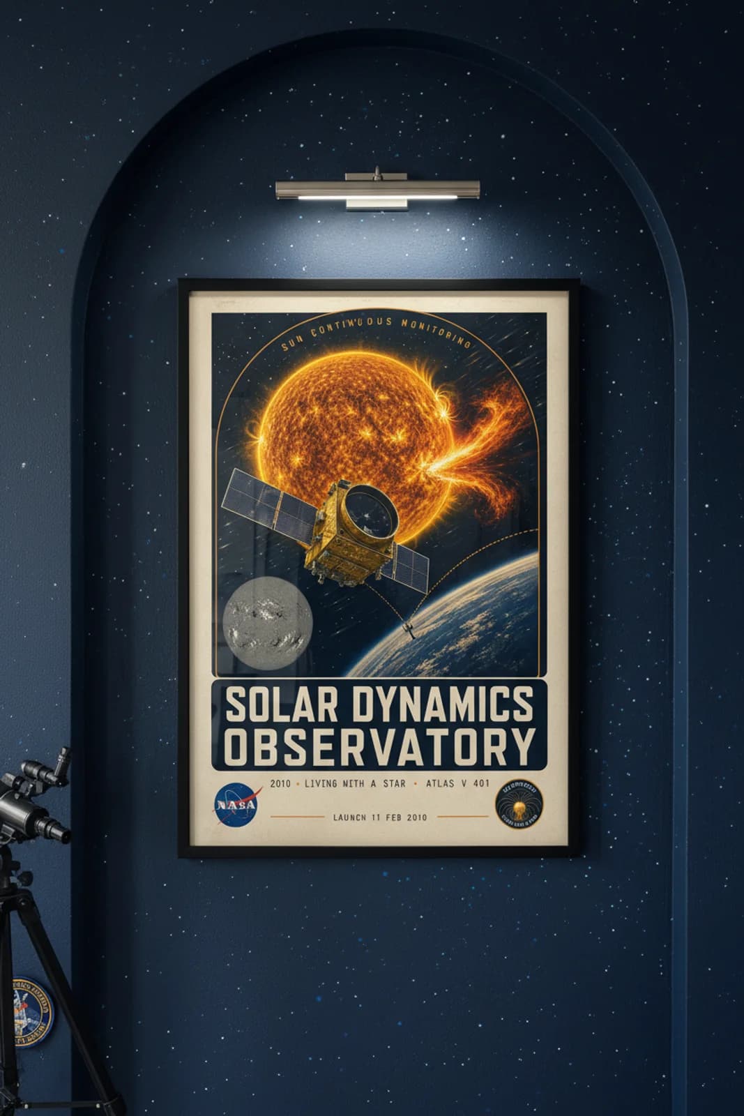 SOLAR DYNAMICS OBSERVATORY poster in black A2 frame on navy-arch-frame deep space navy wall — NASA Heritage collector study mockup