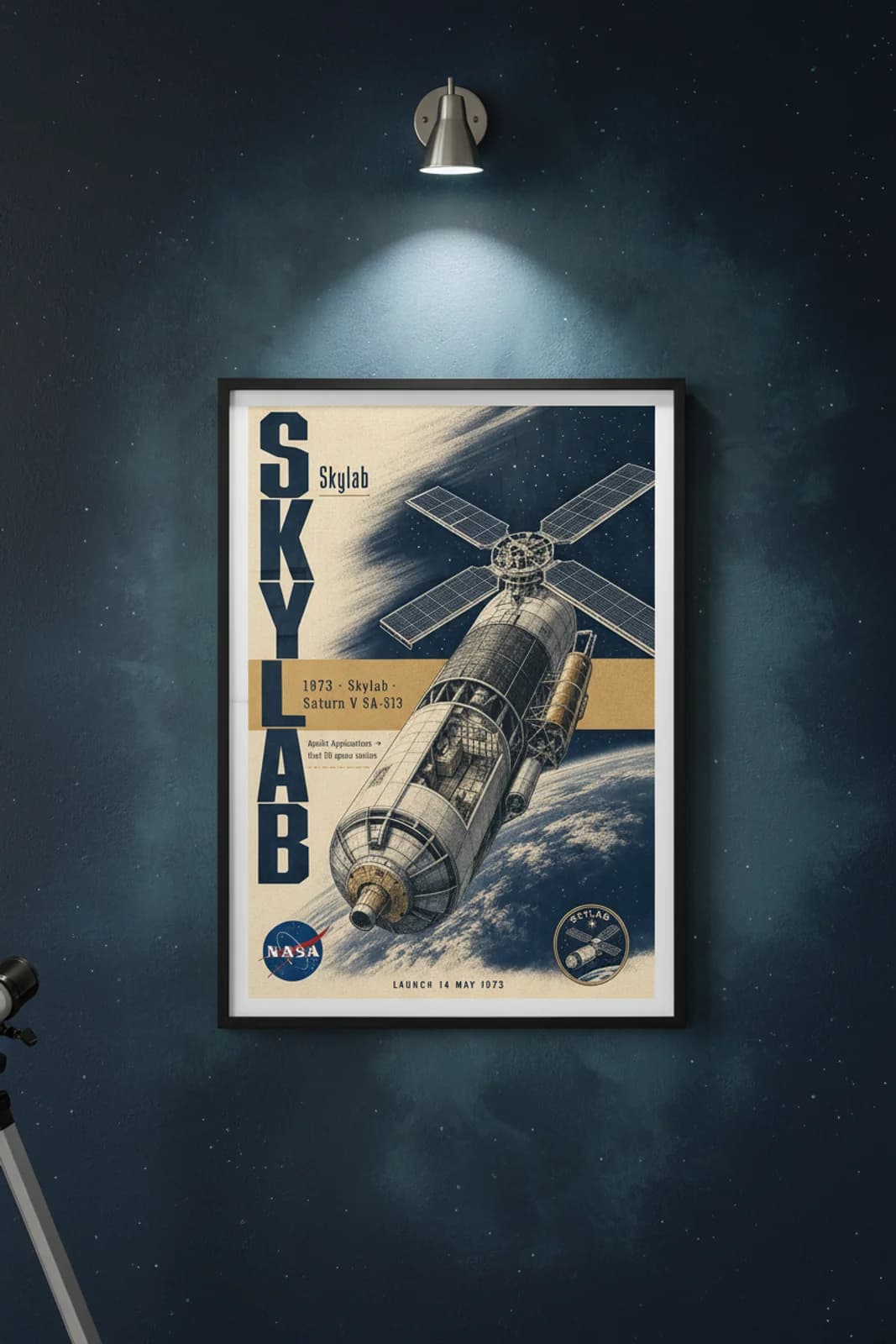 Skylab — NASA Heritage Collector poster in black A2 frame on deep-navy-space deep space navy wall — NASA Heritage collector study mockup