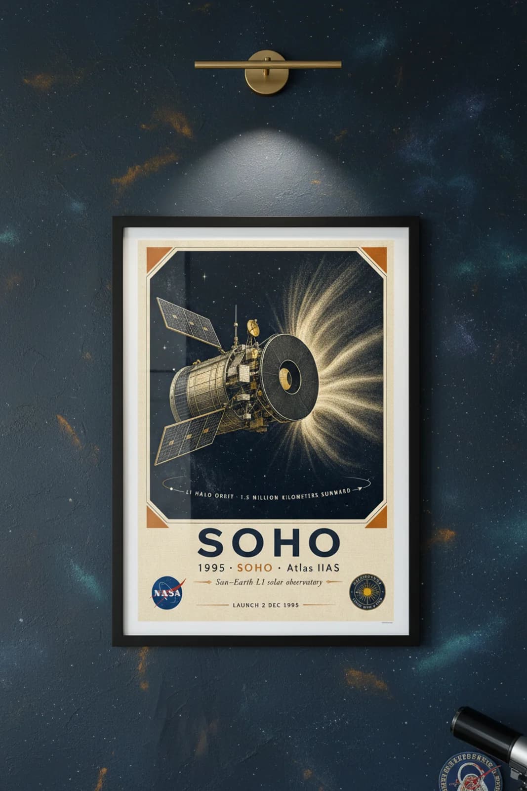 SOHO poster in black A2 frame on gold-soho-body deep space navy wall — NASA Heritage collector study mockup
