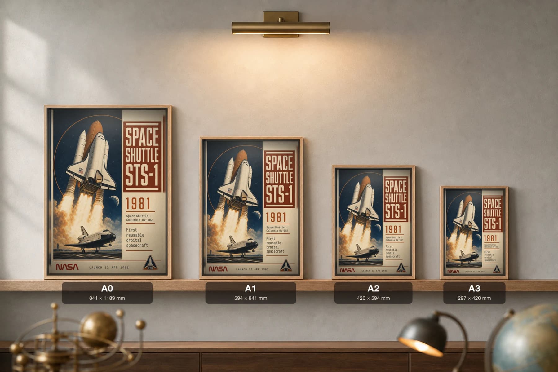 Space Shuttle STS-1 Poster — 1981 Columbia OV-102 NASA Heritage Collector Print — print size guide showing the artwork at A0, A1, A2 and A3 in natural-oak frames at true relative scale