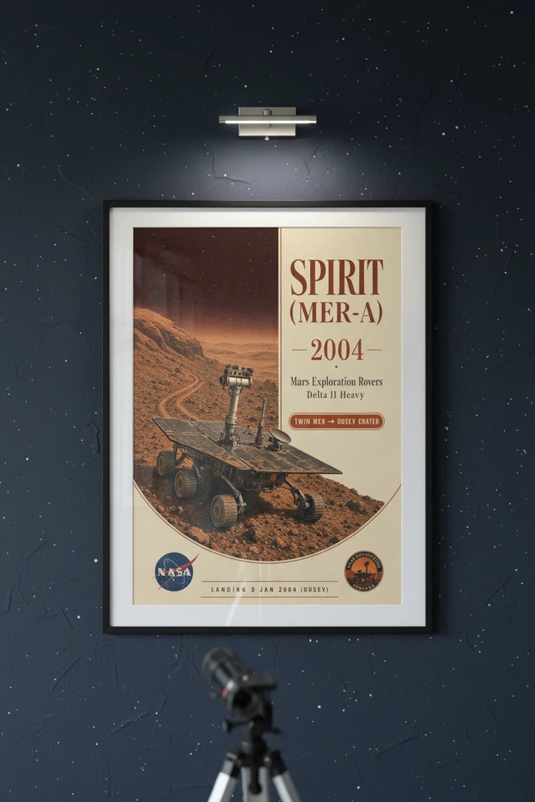 Spirit (MER-A) poster in black A2 frame on ochre-martian-sky deep space navy wall — NASA Heritage collector study mockup